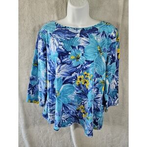 Ruby Rd. Blue Teal Floral Print Round Neck 3/4 Sleeve XL Top Beaded Coastal EUC